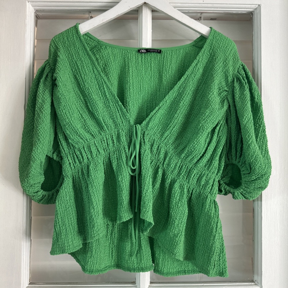 Zara Ballon Sleeve Textured Tie Blouse, Romantic, Peasant, St Patrick's - Size M